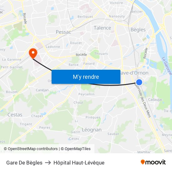 Gare De Bègles to Hôpital Haut-Lévêque map