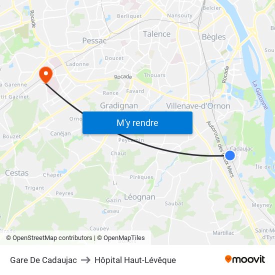 Gare De Cadaujac to Hôpital Haut-Lévêque map