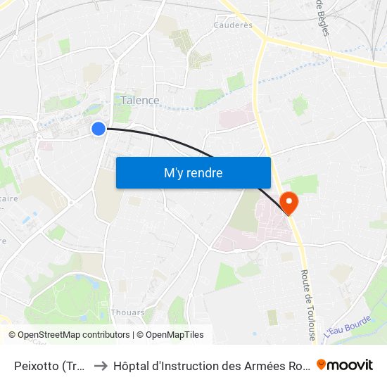 Peixotto (Tram B) to Hôptal d'Instruction des Armées Robert Picqué map