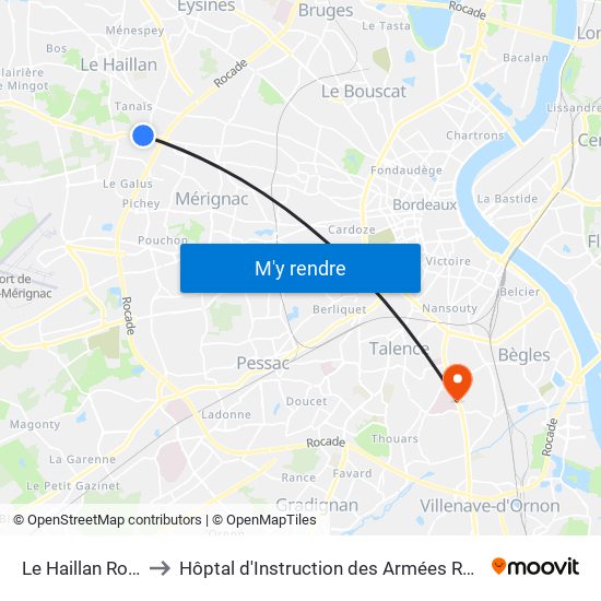 Le Haillan Rostand to Hôptal d'Instruction des Armées Robert Picqué map