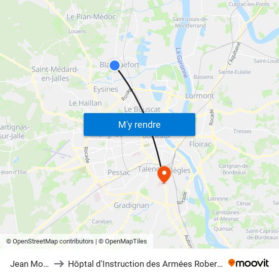 Jean Moulin to Hôptal d'Instruction des Armées Robert Picqué map