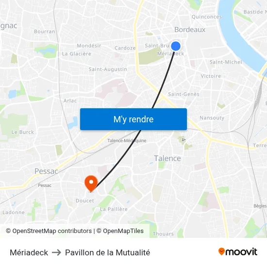 Mériadeck to Pavillon de la Mutualité map
