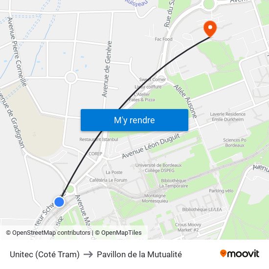 Unitec (Coté Tram) to Pavillon de la Mutualité map