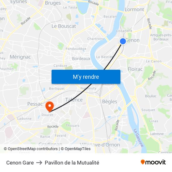 Cenon Gare to Pavillon de la Mutualité map