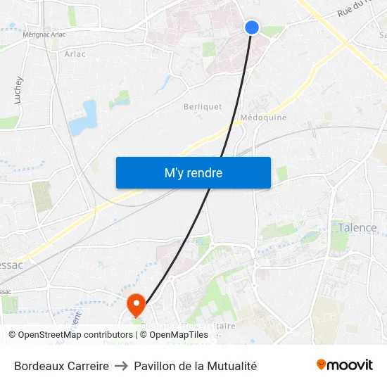 Bordeaux Carreire to Pavillon de la Mutualité map