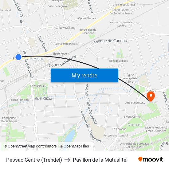 Pessac Centre (Trendel) to Pavillon de la Mutualité map