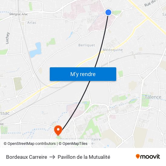 Bordeaux Carreire to Pavillon de la Mutualité map