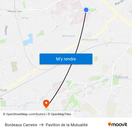 Bordeaux Carreire to Pavillon de la Mutualité map