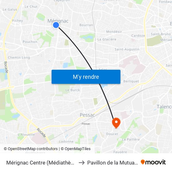 Mérignac Centre (Médiathèque) to Pavillon de la Mutualité map