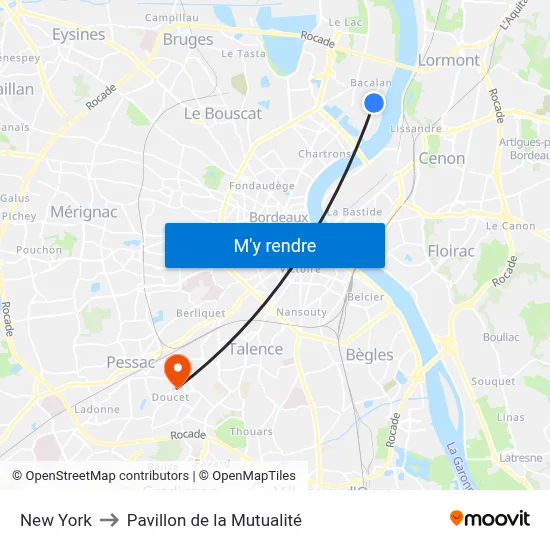 New York to Pavillon de la Mutualité map