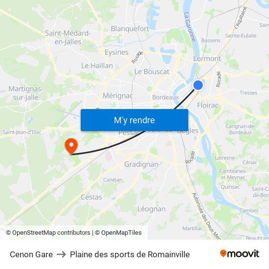 Cenon Gare to Plaine des sports de Romainville map