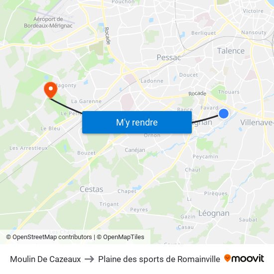 Moulin De Cazeaux to Plaine des sports de Romainville map