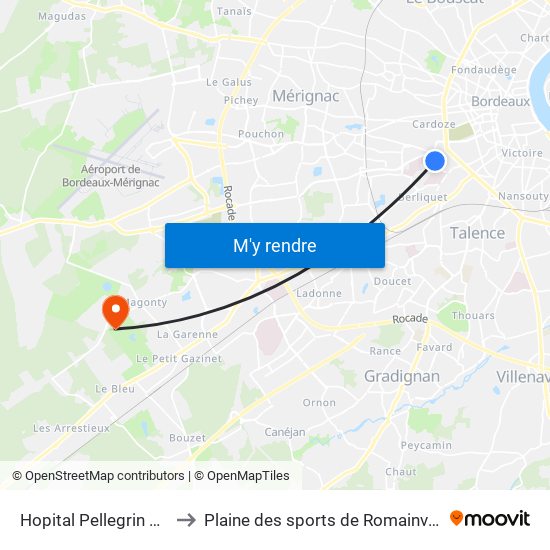 Hopital Pellegrin Est to Plaine des sports de Romainville map