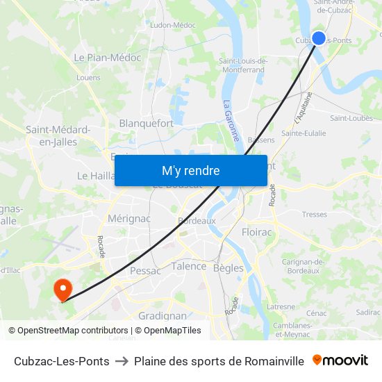 Cubzac-Les-Ponts to Plaine des sports de Romainville map