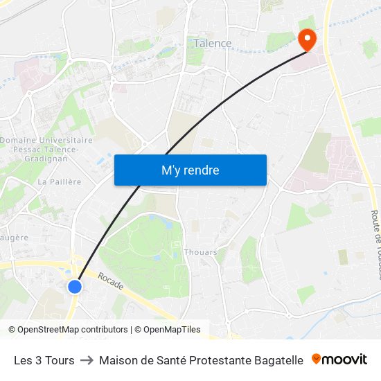 Les 3 Tours to Maison de Santé Protestante Bagatelle map