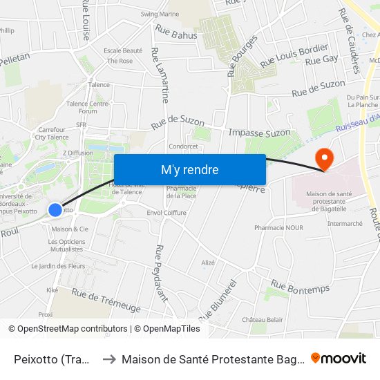 Peixotto (Tram B) to Maison de Santé Protestante Bagatelle map