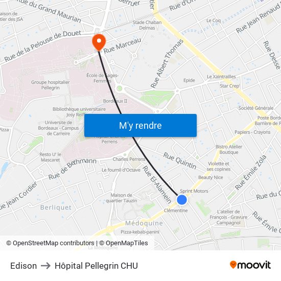 Edison to Hôpital Pellegrin CHU map