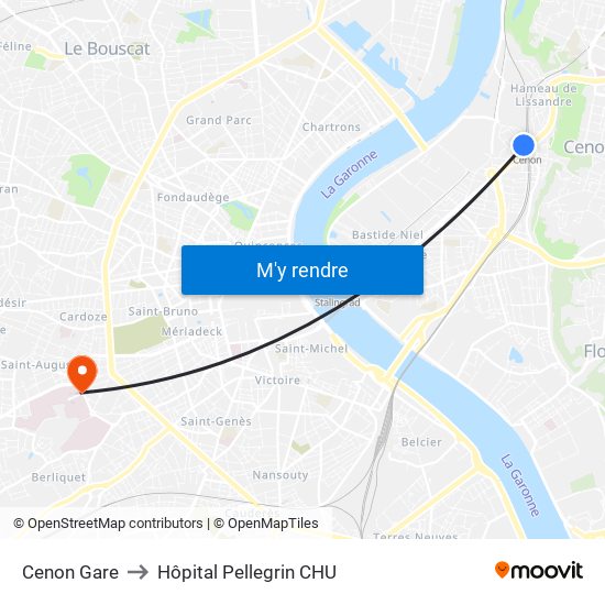 Cenon Gare to Hôpital Pellegrin CHU map
