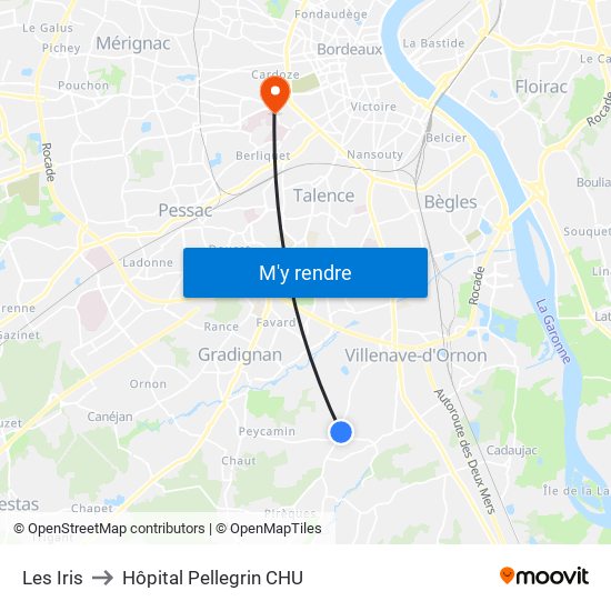 Les Iris to Hôpital Pellegrin CHU map