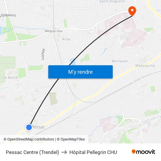 Pessac Centre (Trendel) to Hôpital Pellegrin CHU map