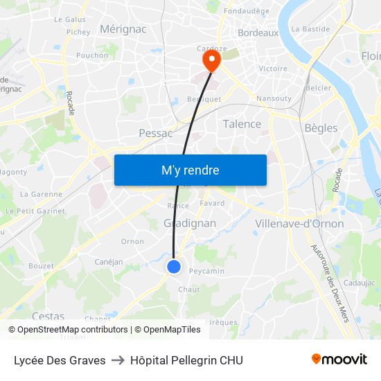 Lycée Des Graves to Hôpital Pellegrin CHU map