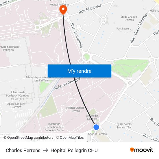 Charles Perrens to Hôpital Pellegrin CHU map