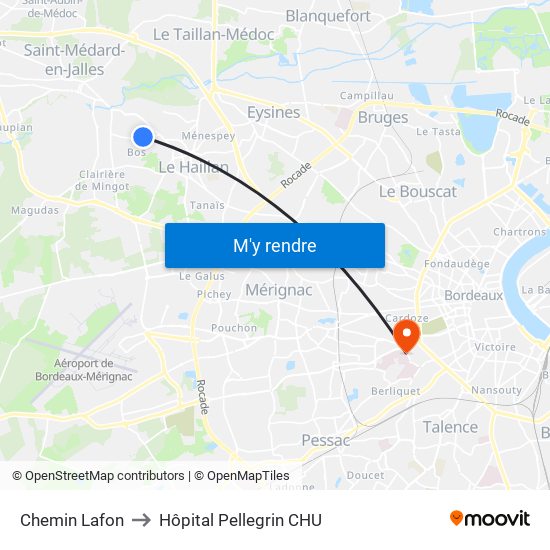 Chemin Lafon to Hôpital Pellegrin CHU map