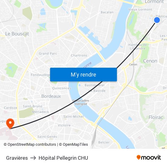 Gravières to Hôpital Pellegrin CHU map