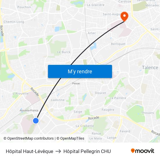 Hôpital Haut-Lévêque to Hôpital Pellegrin CHU map