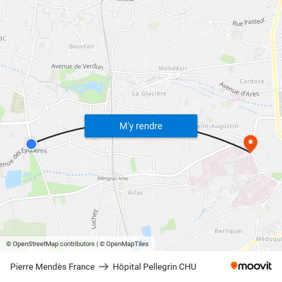 Pierre Mendès France to Hôpital Pellegrin CHU map