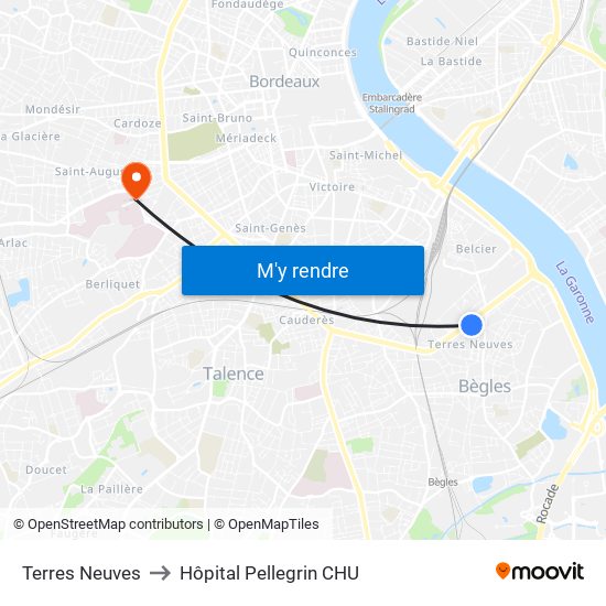 Terres Neuves to Hôpital Pellegrin CHU map