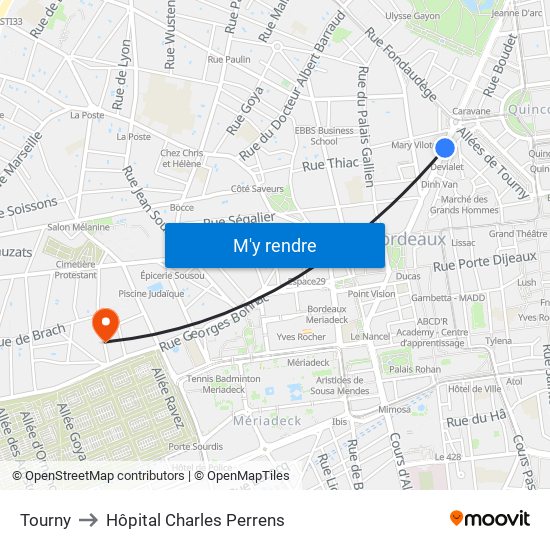 Tourny to Hôpital Charles Perrens map