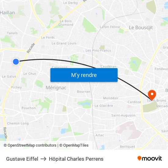 Gustave Eiffel to Hôpital Charles Perrens map