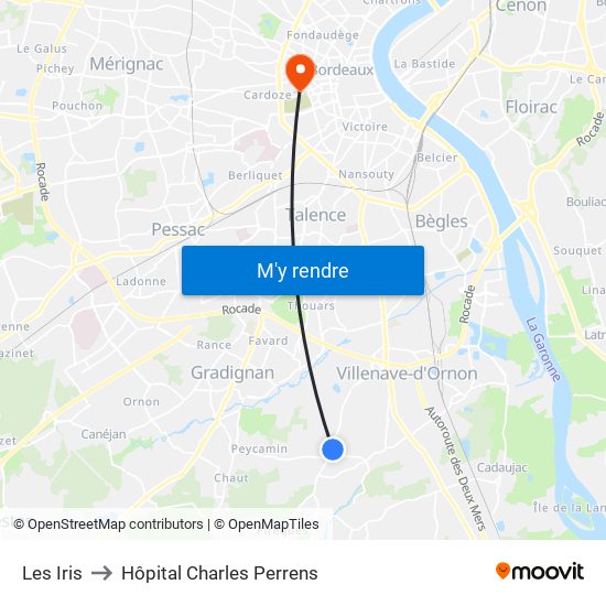 Les Iris to Hôpital Charles Perrens map