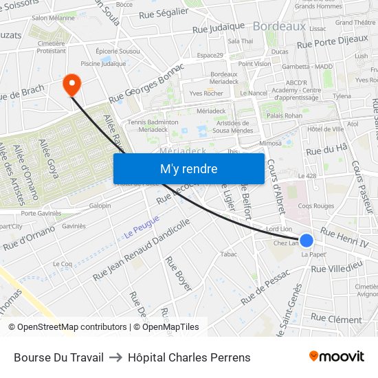 Bourse Du Travail to Hôpital Charles Perrens map