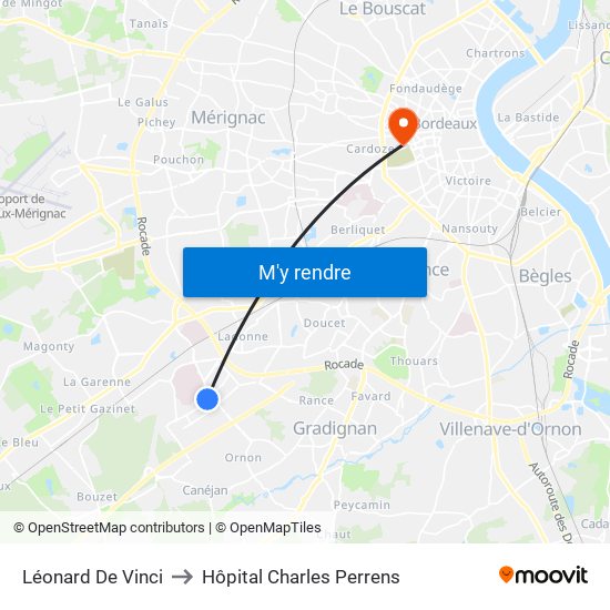 Léonard De Vinci to Hôpital Charles Perrens map