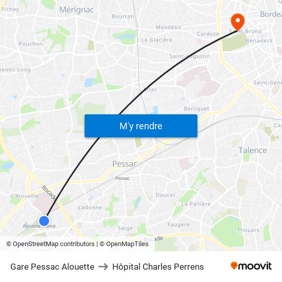 Gare Pessac Alouette to Hôpital Charles Perrens map