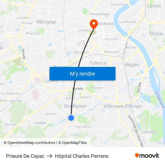 Prieuré De Cayac to Hôpital Charles Perrens map