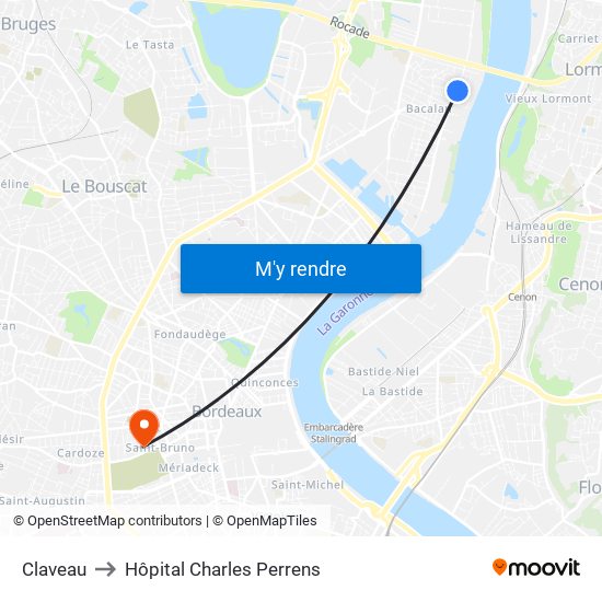 Claveau to Hôpital Charles Perrens map