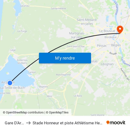 Gare D'Arcachon to Stade Honneur et piste Athlétisme Henri Danflous de Palmer map