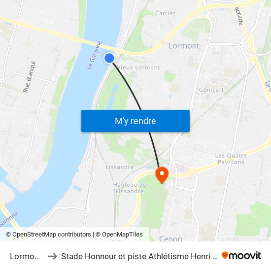 Lormont Bas to Stade Honneur et piste Athlétisme Henri Danflous de Palmer map