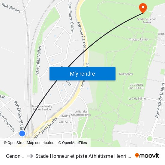 Cenon Gare to Stade Honneur et piste Athlétisme Henri Danflous de Palmer map