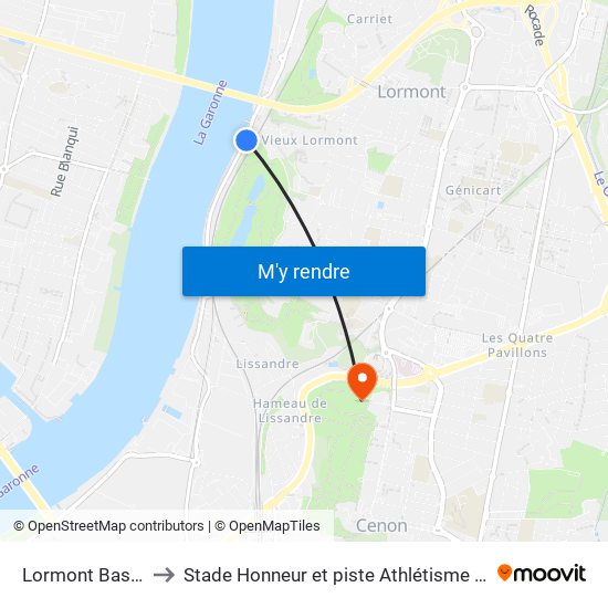 Lormont Bas (A. Briand) to Stade Honneur et piste Athlétisme Henri Danflous de Palmer map