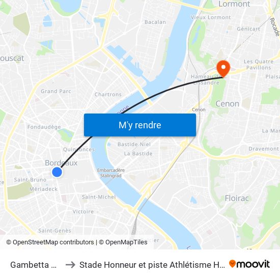 Gambetta Mériadeck to Stade Honneur et piste Athlétisme Henri Danflous de Palmer map