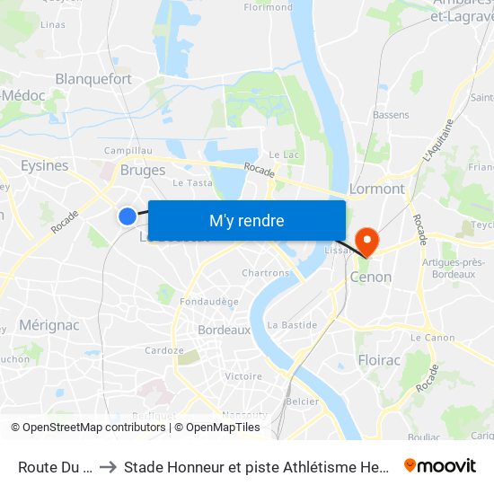 Route Du Médoc to Stade Honneur et piste Athlétisme Henri Danflous de Palmer map