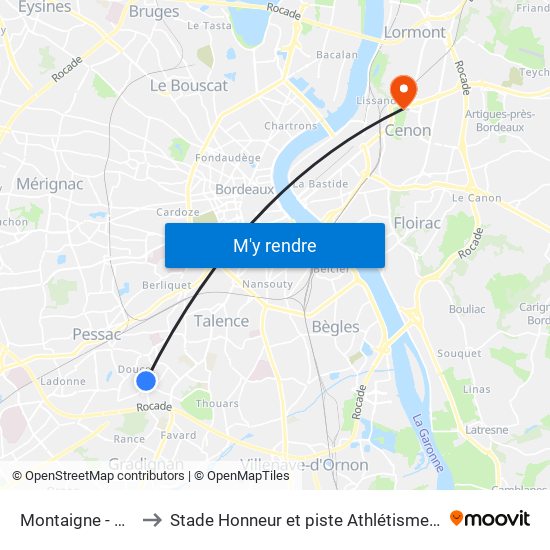 Montaigne - Montesquieu to Stade Honneur et piste Athlétisme Henri Danflous de Palmer map
