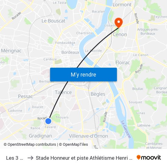 Les 3 Tours to Stade Honneur et piste Athlétisme Henri Danflous de Palmer map