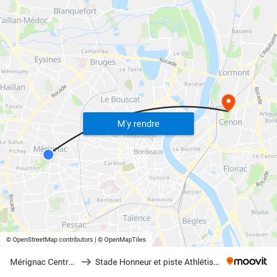 Mérignac Centre (Médiathèque) to Stade Honneur et piste Athlétisme Henri Danflous de Palmer map