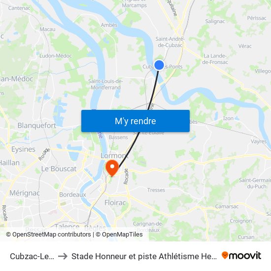 Cubzac-Les-Ponts to Stade Honneur et piste Athlétisme Henri Danflous de Palmer map
