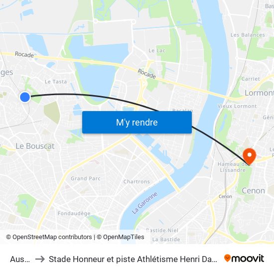 Ausone to Stade Honneur et piste Athlétisme Henri Danflous de Palmer map